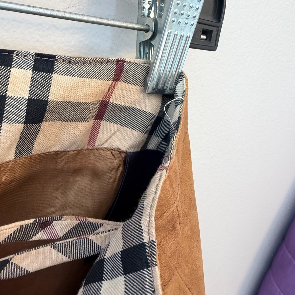 Burberry London Brown distressed Leather mini  Skirt classic pattern full zip 8 - Picture 11 of 14